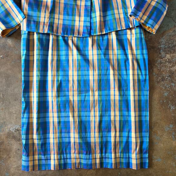 Vintage 60s Style Plaid Midi Dress and Jacket Set Plus Size 1X Blue Gold Satin - Picture 4 of 14